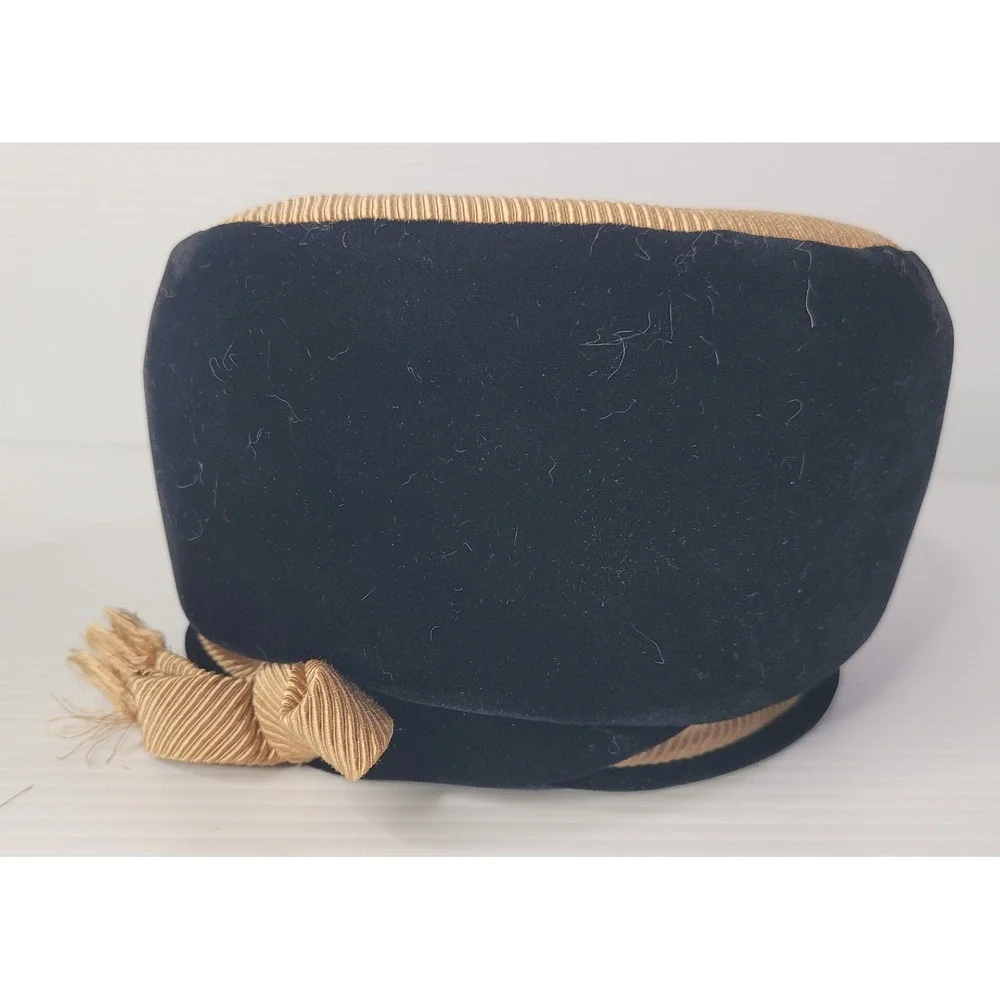 Oleg‎ Cassini Pillbox Hat Womens Black Velvet Gold Grosgrain Bow Vintage